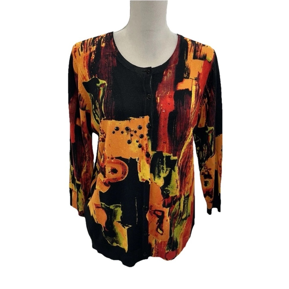 Susan Graver Beaded Abstract Cardigan Sweater Women Medium 3/4 Sleeves Colorful